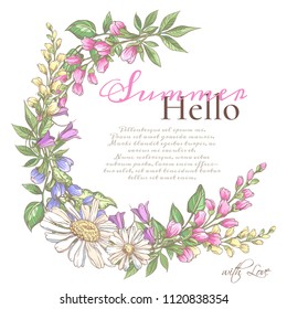 Vector delicate invitation with chamomile, bluebells and  filed flower for wedding, marriage, bridal, birthday, Valentine's day. Round flower composition. Hello Summer composition. Flower wreath