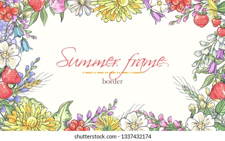Invitación vectorial delicada con diente de león, fresas y arándanos para la boda, el matrimonio, la novia, el cumpleaños, el día de San Valentín. Composición de flores redondas. Adiós Composición veraniega. Guata de flor