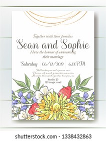 Vector delicate invitation with dandelion, strawberries and bluebells for wedding, marriage, bridal, birthday, Valentine's day. Beautiful flower composition. Hello Summer composition. Flower wreath