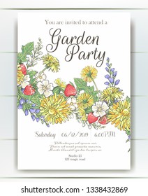 Vector delicate invitation with dandelion, strawberries and bluebells for wedding, marriage, bridal, birthday, Valentine's day. Beautiful flower composition. Hello Summer composition. Flower wreath