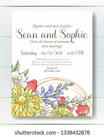 Vector delicate invitation with dandelion, strawberries and bluebells for wedding, marriage, bridal, birthday, Valentine's day. Beautiful flower composition. Hello Summer composition. Flower wreath