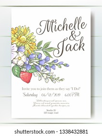 Vector delicate invitation with dandelion, strawberries and bluebells for wedding, marriage, bridal, birthday, Valentine's day. Beautiful flower composition. Hello Summer composition. Flower wreath