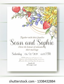 Vector delicate invitation with dandelion, strawberries and bluebells for wedding, marriage, bridal, birthday, Valentine's day. Beautiful flower composition. Hello Summer composition. Flower wreath