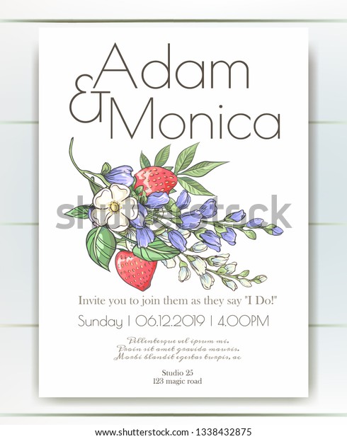 Vector Delicate Invitation Dandelion Strawberries Bluebells Stock