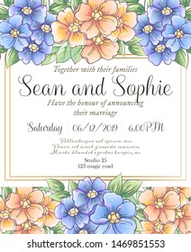 Vector delicate invitation with flowers for wedding, marriage, bridal, birthday, Valentine's day. Beautiful flower composition. Summer composition. 