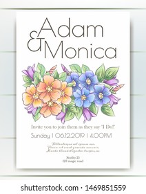 Vector delicate invitation with flowers for wedding, marriage, bridal, birthday, Valentine's day. Beautiful flower composition. Summer composition. 