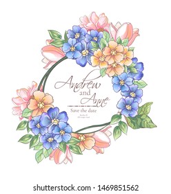 Vector delicate invitation with flowers for wedding, marriage, bridal, birthday, Valentine's day. Beautiful round flower composition. Summer composition. 