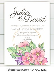 Vector delicate invitation with flowers for wedding, marriage, bridal, birthday, Valentine's day. Beautiful flower composition. Summer composition. 
