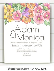 Vector delicate invitation with flowers for wedding, marriage, bridal, birthday, Valentine's day. Beautiful flower composition. Summer composition. 