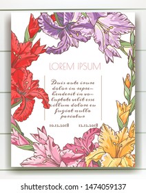 Vector delicate invitation with gladiolus for wedding, marriage, bridal, birthday, Valentine's day. Beautiful flower composition template. Summer composition. 