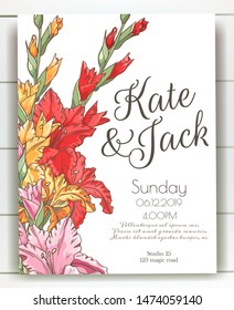 Vector delicate invitation with gladiolus for wedding, marriage, bridal, birthday, Valentine's day. Beautiful flower composition template. Summer composition. 