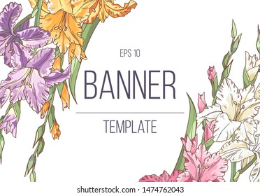 Vector delicate invitation with gladiolus for wedding, marriage, bridal, birthday, Valentine's day. Beautiful flower composition template. Summer composition. 