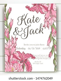 Vector delicate invitation with gladiolus for wedding, marriage, bridal, birthday, Valentine's day. Beautiful flower composition template. Summer composition. 