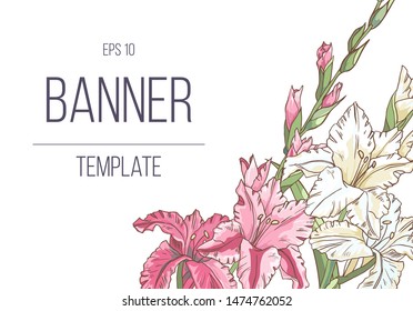 Vector delicate invitation with gladiolus for wedding, marriage, bridal, birthday, Valentine's day. Beautiful flower composition template. Summer composition. 