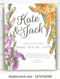 Vector delicate invitation with gladiolus for wedding, marriage, bridal, birthday, Valentine's day. Beautiful flower composition template. Summer composition. 