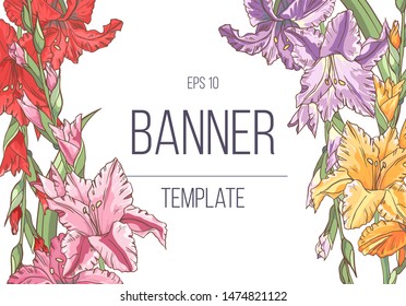 Vector delicate invitation with gladiolus for wedding, marriage, bridal, birthday, Valentine's day. Beautiful flower composition template. Summer composition. 
