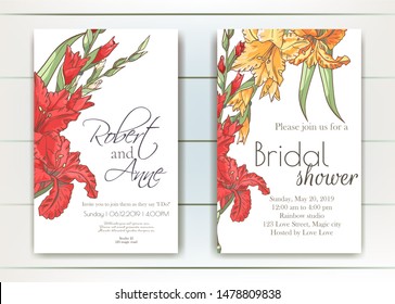 Vector delicate invitation with gladiolus for wedding, marriage, bridal, birthday, Valentine's day. Beautiful flower composition template. Summer composition. 