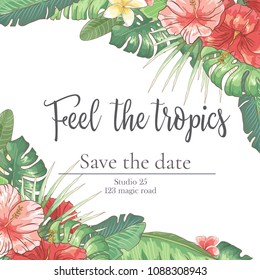 Vector delicate invitation with hibiscus flowers and palm leaves for wedding, marriage, bridal, birthday, Valentine's day