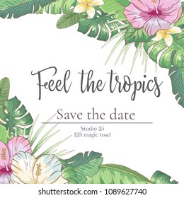 Vector delicate invitation with hibiscus flowers and palm leaves for wedding, marriage, bridal, birthday, Valentine's day