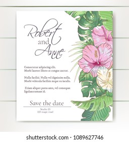 Vector delicate invitation with hibiscus flowers and palm leaves for wedding, marriage, bridal, birthday, Valentine's day