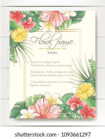 Vector delicate invitation with hibiscus flowers and palm leaves for wedding, marriage, bridal, birthday, Valentine's day
