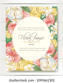 Vector delicate invitation with hibiscus flowers and palm leaves for wedding, marriage, bridal, birthday, Valentine's day