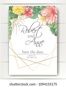 Vector delicate invitation with hibiscus flowers and palm leaves for wedding, marriage, bridal, birthday, Valentine's day