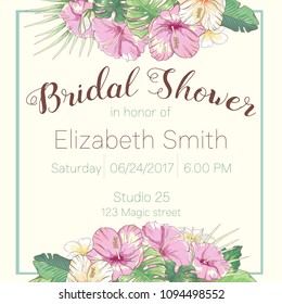Vector delicate invitation with hibiscus flowers and palm leaves for wedding, marriage, bridal, birthday, Valentine's day