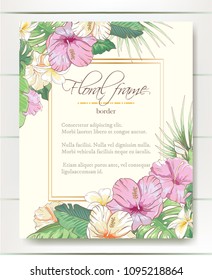 Vector delicate invitation with hibiscus flowers and palm leaves for wedding, marriage, bridal, birthday, Valentine's day