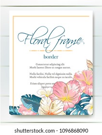 Vector delicate invitation with hibiscus flowers and palm leaves for wedding, marriage, bridal, birthday, Valentine's day