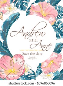 Vector delicate invitation with hibiscus flowers and palm leaves for wedding, marriage, bridal, birthday, Valentine's day