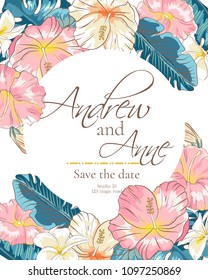 Vector delicate invitation with hibiscus flowers and palm leaves for wedding, marriage, bridal, birthday, Valentine's day