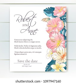 Vector delicate invitation with hibiscus flowers and palm leaves for wedding, marriage, bridal, birthday, Valentine's day. Floral border with sketch colorful blossoms. Frame with hand drawn flowers