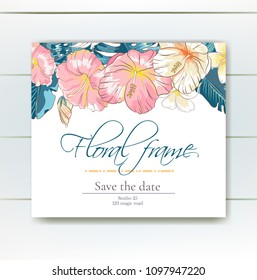 Vector delicate invitation with hibiscus flowers and palm leaves for wedding, marriage, bridal, birthday, Valentine's day. Floral border with sketch colorful blossoms. Frame with hand drawn flowers