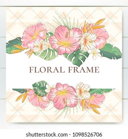 Vector delicate invitation with hibiscus flowers and palm leaves for wedding, marriage, bridal, birthday, Valentine's day. Floral border with sketch colorful blossoms. Frame with hand drawn flowers