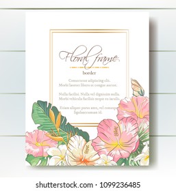 Vector delicate invitation with hibiscus flowers and palm leaves for wedding, marriage, bridal, birthday, Valentine's day. Floral border with sketch colorful blossoms. Frame with hand drawn flowers