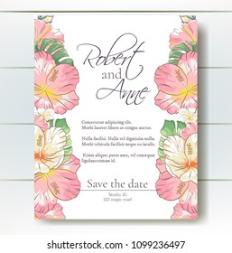 Vector delicate invitation with hibiscus flowers and palm leaves for wedding, marriage, bridal, birthday, Valentine's day. Floral border with sketch colorful blossoms. Frame with hand drawn flowers