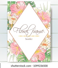 Vector delicate invitation with hibiscus flowers and palm leaves for wedding, marriage, bridal, birthday, Valentine's day. Floral border with sketch colorful blossoms. Frame with hand drawn flowers