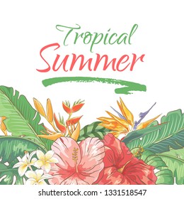 Vector delicate invitation with hibiscus flowers and palm leaves for wedding, marriage, bridal, birthday, Valentine's day. Tropical frame