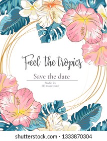 Vector delicate invitation with hibiscus flowers and palm leaves for wedding, marriage, bridal, birthday, Valentine's day