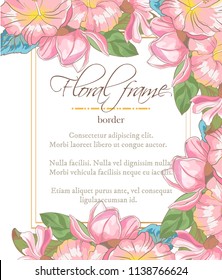 Vector delicate invitation with magnolia for wedding, marriage, bridal, birthday, Valentine's day. Floral border with sketch colorful blossoms. Frame with hand drawn flowers