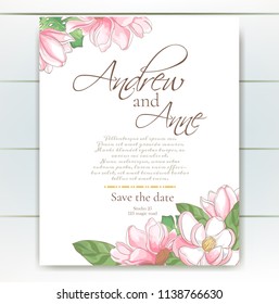 Vector delicate invitation with magnolia for wedding, marriage, bridal, birthday, Valentine's day. Floral border with sketch colorful blossoms. Frame with hand drawn flowers