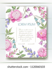 Vector delicate invitation with peony, bluebells and  filed flower for wedding, marriage, bridal, birthday, Valentine's day. Round flower composition. 