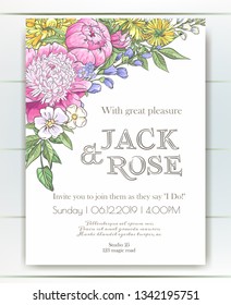 Vector delicate invitation with peony, dandelion and bluebells for wedding, marriage, bridal, birthday, Valentine's day. Beautiful flower composition. Hello Summer composition. 