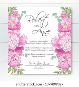Vector delicate invitation with peony flowers and eucaliptus for wedding, marriage, bridal, birthday, Valentine's day. Floral border with sketch colorful blossoms. Frame with hand drawn flowers