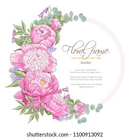 Vector delicate invitation with peony flowers, eucaliptus and filed flower for wedding, marriage, bridal, birthday, Valentine's day. Round flower composition. 