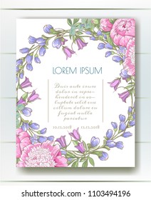 Vector delicate invitation with peony flowers, eucaliptus and filed flower for wedding, marriage, bridal, birthday, Valentine's day. Round flower composition. 