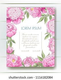 Vector delicate invitation with peony flowers and eucaliptus for wedding, marriage, bridal, birthday, Valentine's day. Floral border with sketch colorful blossoms. Frame with hand drawn flowers