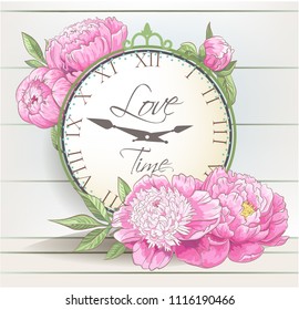 Vector delicate invitation with peony flowers, eucaliptus and filed flower for wedding, marriage, bridal, birthday, Valentine's day. Round flower composition. Love time clock.