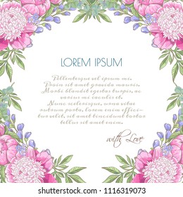 Vector delicate invitation with peony flowers, eucaliptus and field flower for wedding, marriage, bridal, birthday, Valentine's day. Round flower composition. 